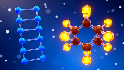 abstract 3d rendering of two distinct molecular structures featuring glowing orange spheres and blue lattice models against a deep blue background