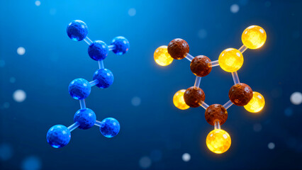 vivid 3d rendering of contrasting molecular structures demonstrating chemical bonds and atomic composition against a deep blue background