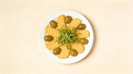 Crinkle-Cut French Fries and Green Olives Arranged in Flower Shape with Arugula, Served on White Plate (Decorative Snack Platter)