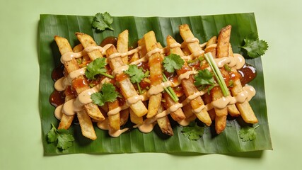Crispy French Fries Topped with Dual Sauces and Cilantro, Served on Banana Leaf (Asian-Style Flavored Snack)