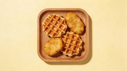 Savory Waffles with Crispy Hash Browns, Served on Wooden Tray (Breakfast Combo Platter)