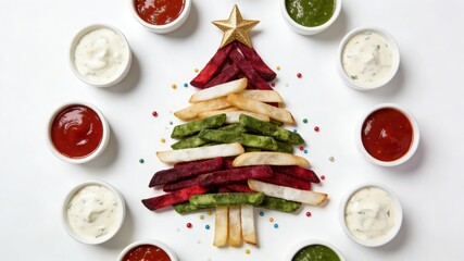 Christmas Tree-Shaped Arrangement of Multicolored French Fries with Decorative Star and Sprinkles (Festive Holiday Snack Platter)