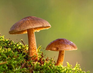 Two brown mushrooms atop vibrant green moss with soft, out-of-focus background light filtering through the trees