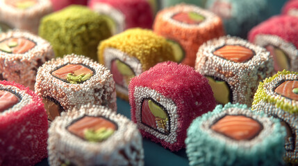 Gourmet assorted sushi rolls with colorful fish and vegetable toppings in rows