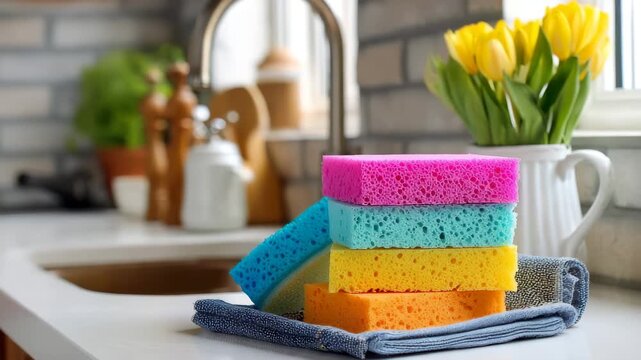 Colorful cleaning sponges resting on dishcloth in kitchen