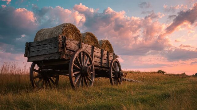 Old wooden cart carrying hay bales in a field at sunset