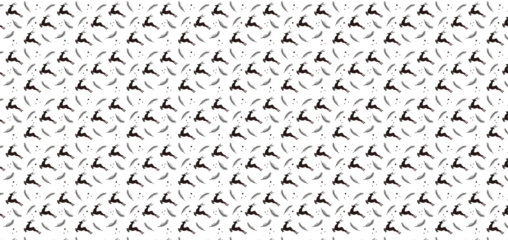 Seamless Christmas Pattern with Black Reindeer Silhouettes and Winter Elements on White Background.