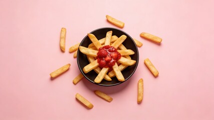 Crispy French Fries with Strawberry Jam Topping on Pink Background (Sweet-Savory Snack Combination)