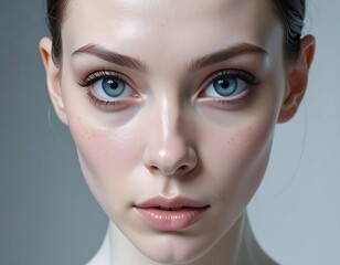 Close-up of a fair-skinned woman, gazing directly at the viewer