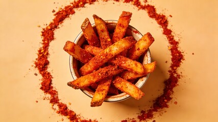 Spicy Chili Powder-Coated Crispy French Fries in Small Bowl with Chili Powder Wreath Background (Fiery Savory Snack)