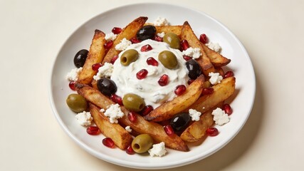 Mediterranean-Style Crispy French Fries with Tzatziki, Olives, Pomegranate Seeds and Feta Cheese (Balanced Savory Platter)