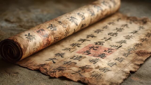 Ancient Chinese scroll unrolling, revealing calligraphy and red stamps on aged paper