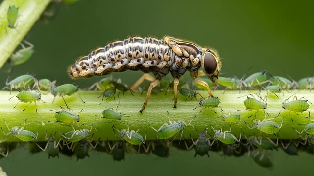 Macro View of Marmalade Hoverfly Episyrphus balteatus Larva Preying on Green Aphids on a Plant Stem