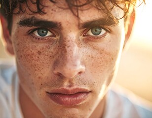 Close-up of a fair-skinned young person with striking blue eyes and freckles