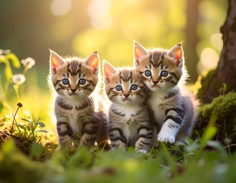 Three adorable tabby kittens sit amidst lush green grass bathed in soft, golden sunlight filtering through foliage - Powered by Adobe