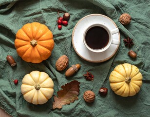 Overhead shot of pumpkins, coffee cup, foliage, and nuts on green linen