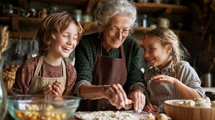 Elderly woman baking dough with two young children at table in kitchen. Grandmother cooking with grandchildren at home - Powered by Adobe