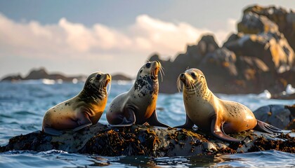 Three sea lions bask on a kelp-covered rock in an ocean seascape, against a backdrop of islands and sky
