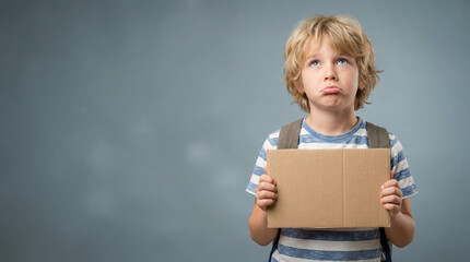 Sad child with tousled blonde hair holding a cardboard sign, wearing a striped shirt and backpack, looking up with a frown, expressing feelings of disappointment and longing
