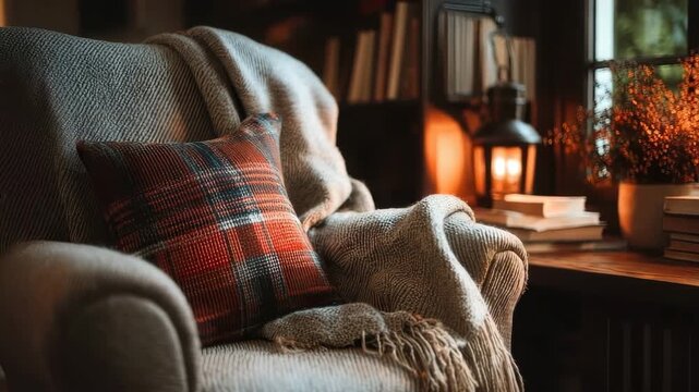Cozy armchair with blanket and cushion illuminating autumn colors in a warm home library