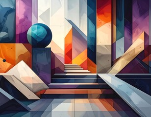 Abstract geometric artwork, vibrant colors, architectural elements