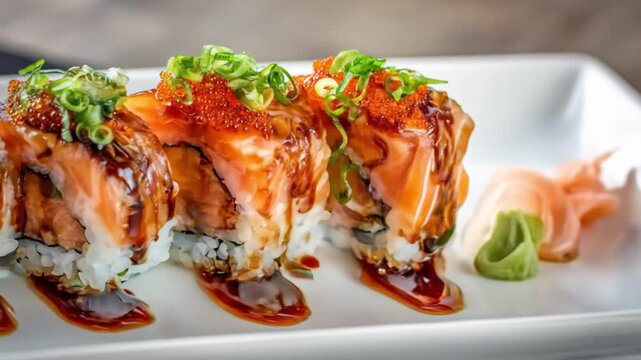 Sushi rolls topped with glossy salmon glaze, arranged on a white plate with wasabi, ginger and zest