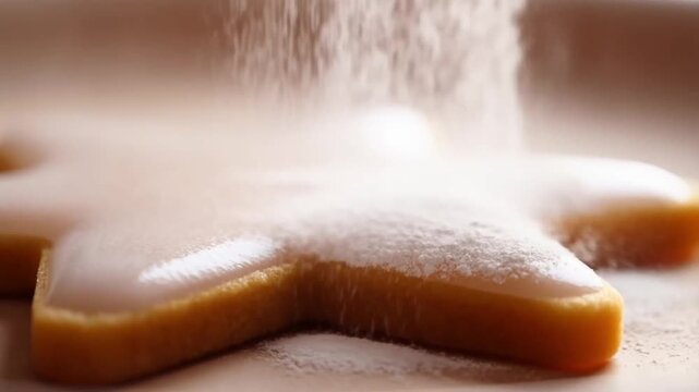 Macro shot of sifting powdered sugar onto warm, glazed star-shaped gingerbread, a delicate holiday baking concept