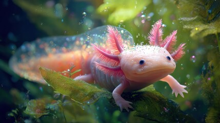 A small, pink and white amphibian is swimming in a green pond. The water is bubbling and the pond is surrounded by green plants