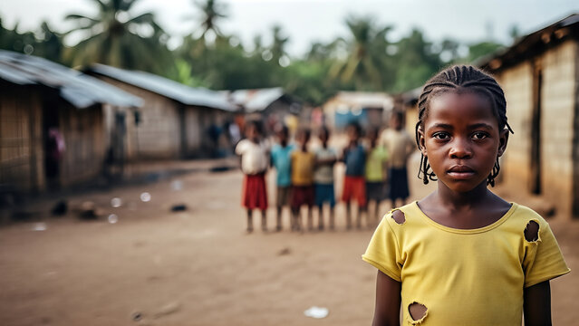 Young African girl in a torn yellow shirt stands at the edge of a dusty village street with children in the distance, symbolizing rural poverty, inequality and the resilience of underprivileged kids.