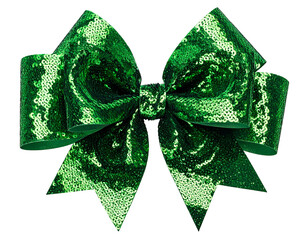 A close-up of a vibrant green sequined bow on a transparent background