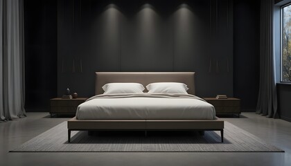 A modern minimalist bedroom featuring a sleek bed, ceiling lights, and dark walls, viewed from the front.