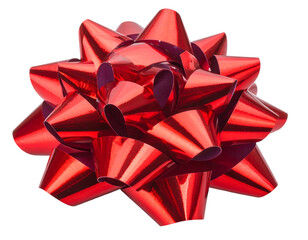 A shiny, metallic red bow, with symmetrical folds and a contrasting purple interior