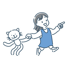 猫のぬいぐるみを持って笑顔で歩く女の子の可愛いシンプルなイラスト素材