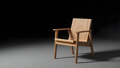 Obraz premium A modern wooden chair with armrests standing alone in a dimly lit room viewed from the side