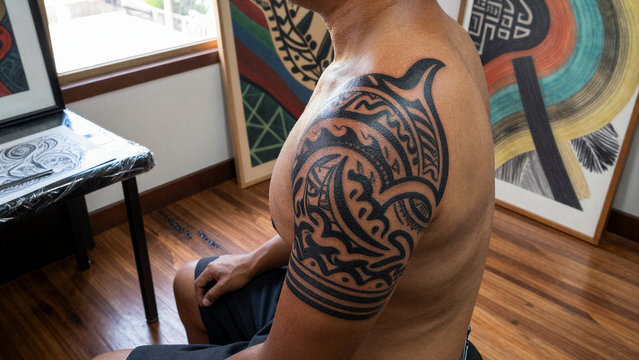 Stylized shark motif tribal tattoo on man's upper arm in studio