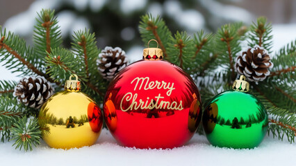 Christmas ornaments with pine branches and snow