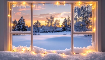 A window view of a snow-covered landscape at dawn, framed by lights and ice