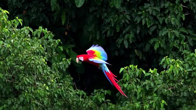 Colorful macaw in flight through lush forest canopy