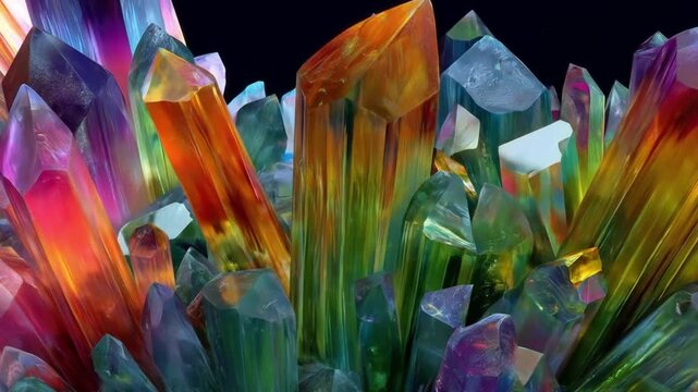 Vibrant crystal cluster erupts in rainbow hues,  every prism facet catching luminous light, radiant