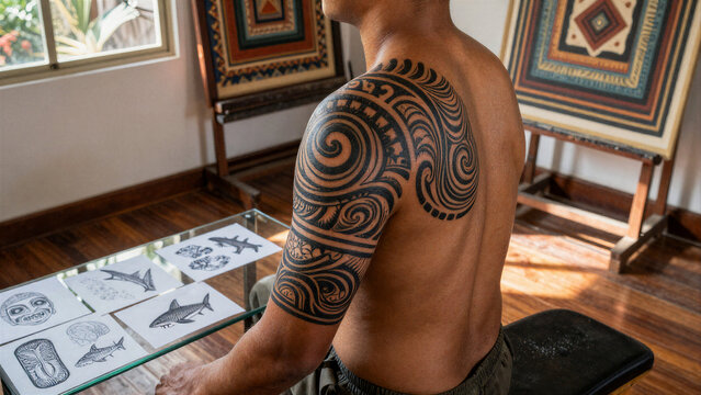 Bold spiral tribal tattoo design on man's shoulder and upper arm