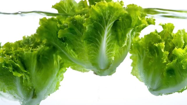 Floating romaine lettuce leaves swirl underwater, vivid green, crisp texture, refreshing and light