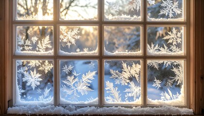 Frosty window pane revealing a snowy, sunlit outdoor winter scene with delicate ice crystals