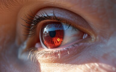 Close-up of a human eye with striking red iris and detailed eyelashes