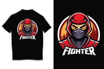 Print Red hooded fighter ninja mascot design on a black t-shirt, perfect for gamers and martial arts enthusiasts