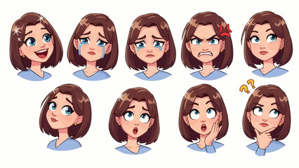 Collection of cartoon girl facial expressions showing different emotions.