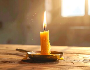 Close-up of a lit candle with melting wax, creating warm light