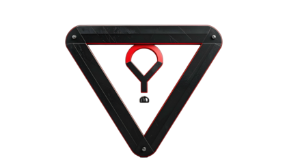 A dark grey, metallic triangle frame with a red inner graphic and central mechanism