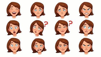 Collection of cartoon woman faces showing different emotions and expressions.
