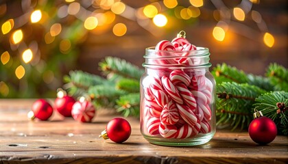 Festive close-up of a glass jar overflowing with red/white candy canes, surrounded by decor