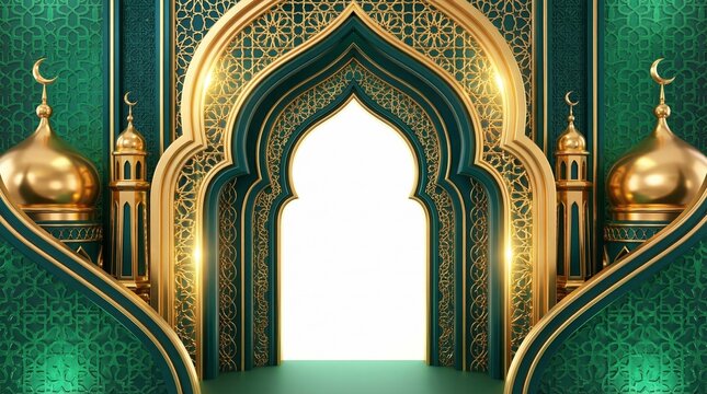 Opulent Golden and Teal Islamic Gateway with Intricate Details, Evoking a Sense of Tradition, Spirituality, and Grandeur for Celebratory Events